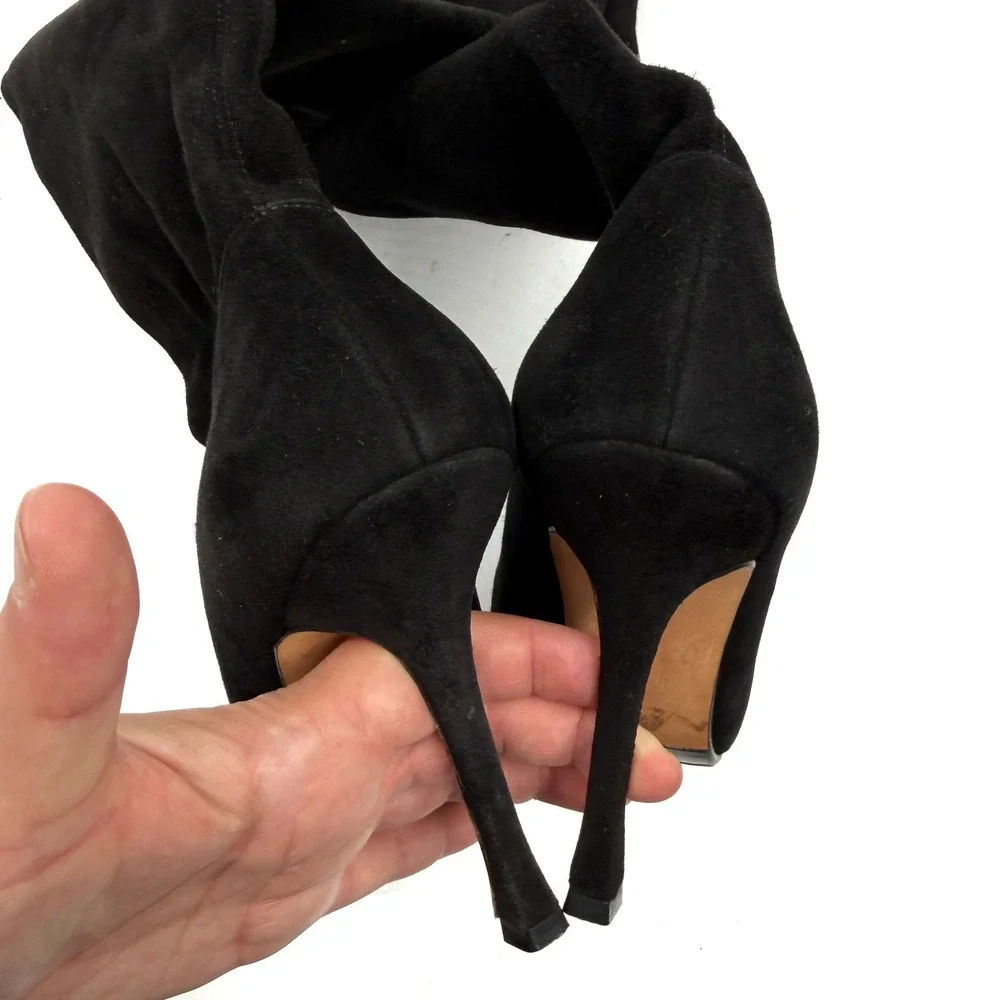 Manolo Blahnik Black Over-the-Knee Lace-Trim Boots